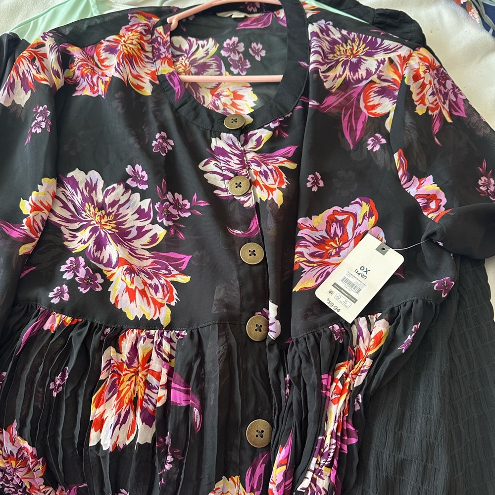 Terra & Sky Black Floral Button-Front Top with Pink, Purple & Orange Flowers